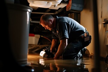 Technician removes water from flooded basement using pump during emergency repair work