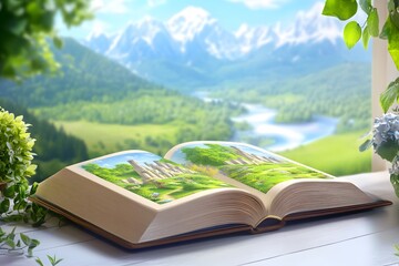 An open book with an illustration of a fantasy world, depicting castles and green landscapes. The background is a blurred landscape of mountains and rivers