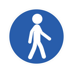 An isolated, blue, round sign with a white pedestrian pictogram glyph, indicating a designated walking lane for pedestrians