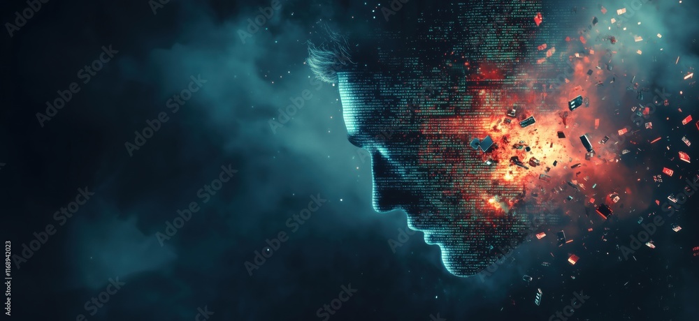 Poster digital explosion of human face with binary code and fragments, representing technology, data, and t
