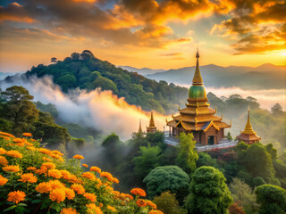 stunning sunset view of temple on Doi Suthep mountain, surrounded by lush greenery and vibrant flowers, creating serene and peaceful atmosphere