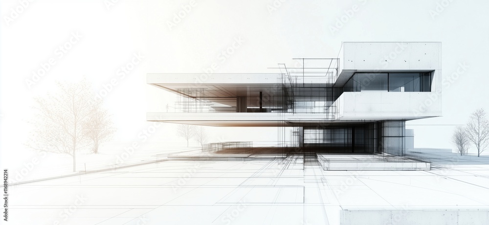 Poster modern architectural design sketch showcasing minimalist structure with clean lines, large windows, 
