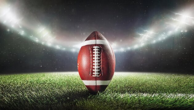 American Football Close-Up. Vibrant Night Game Scene with Stadium Lights Illuminating Rain-Soaked Field, Highlighting the Ball's Texture and Significance in Professional Sports and Entertainment