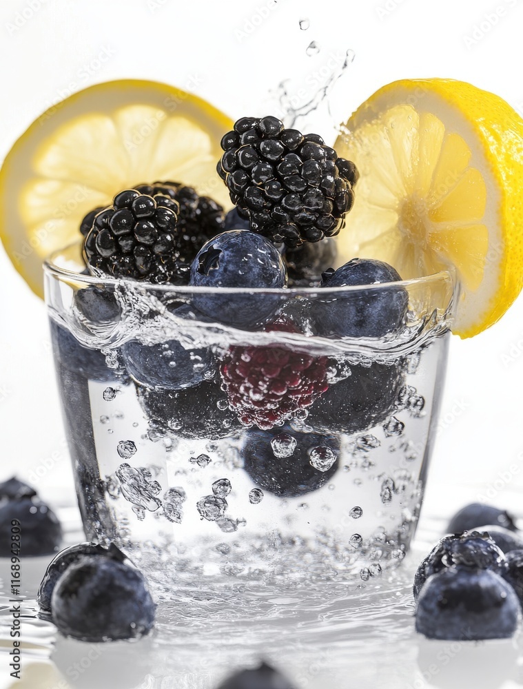 Poster fresh berries and lemon slices splashing in sparkling water creating refreshing and vibrant drink co