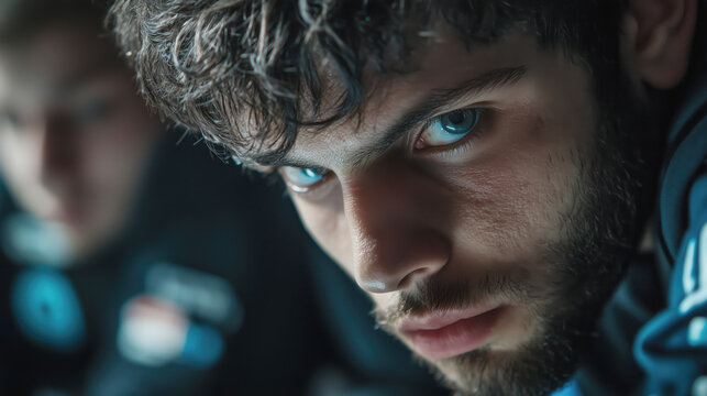 Intense focus of a young gamer in a competitive setting