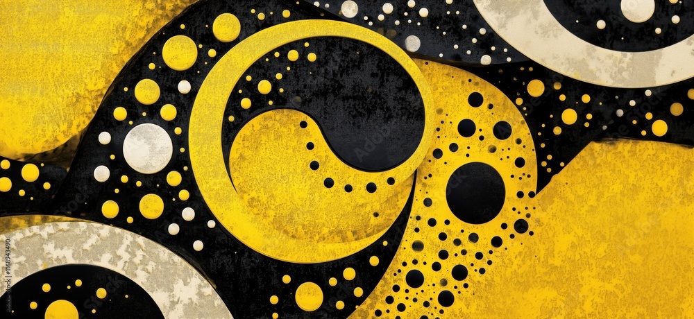 Poster abstract yellow and black circular patterns with textured background, featuring bold shapes and dott