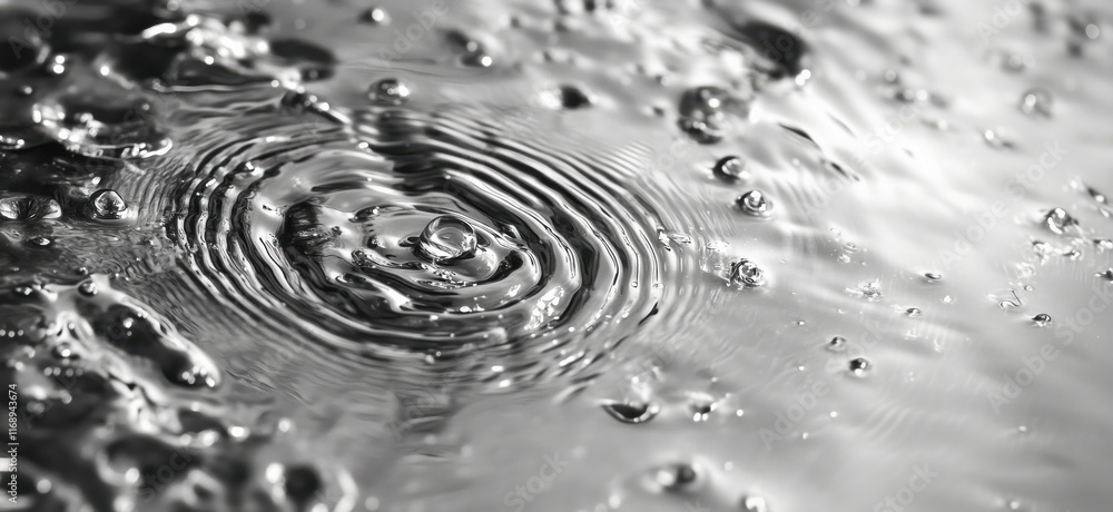 Poster rippling water surface with droplets creating concentric circles, monochrome aesthetic, showcasing f
