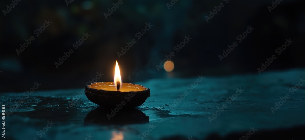 Poster candle flame illuminating dark surroundings, creating serene atmosphere with soft glow and reflectio