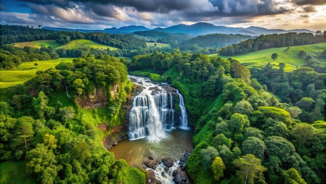 Kote Abbe Falls, Coorg's cascading beauty, showcased in an exquisite aerial photograph from Karnataka, India.