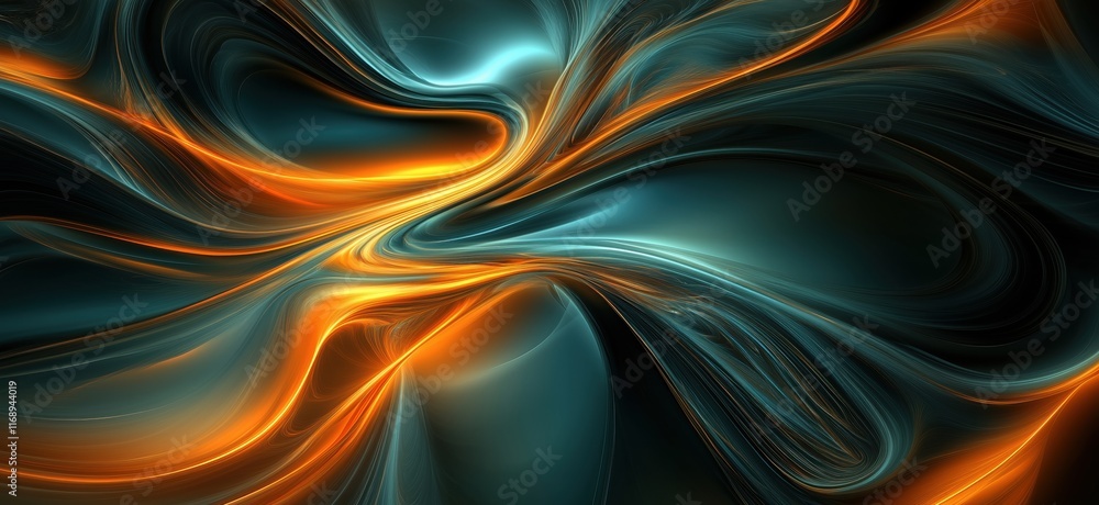 Poster abstract swirling patterns of blue and orange light creating a mesmerizing digital artwork with flui