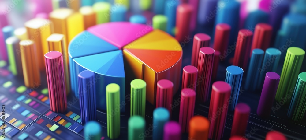 Poster colorful 3d pie chart surrounded by vibrant bar graphs representing data visualization and analysis,
