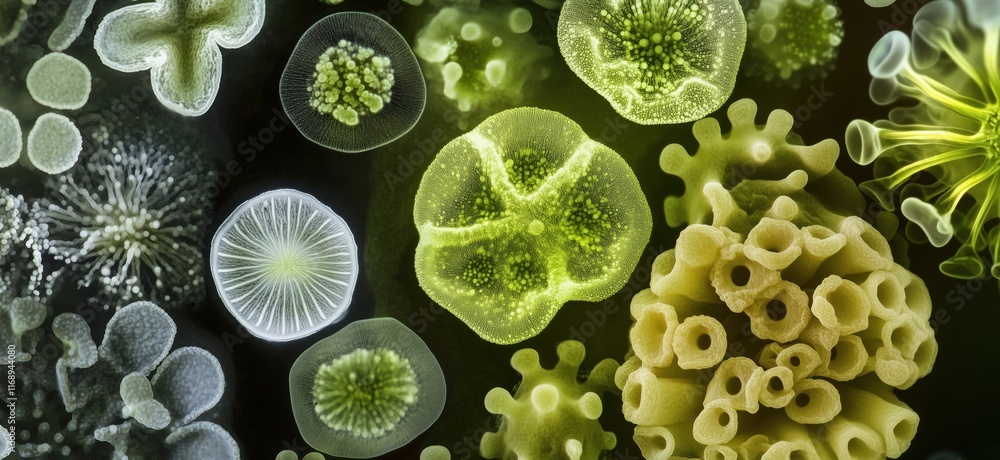 Poster Microscopic View of Diverse Microorganisms and Algae in Vibrant Colors, Showcasing Cellular Structures and Patterns, copy space for text