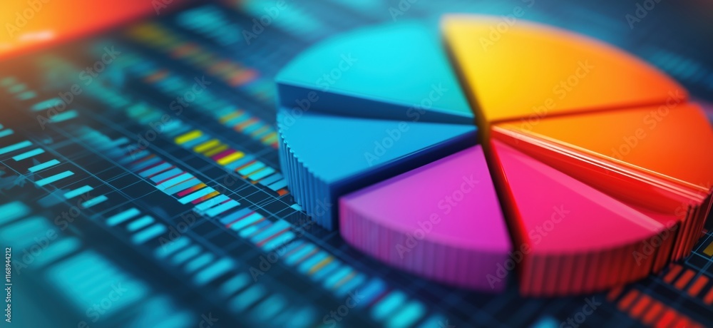 Poster colorful 3d pie chart representing data distribution with vibrant segments and background graphs, co