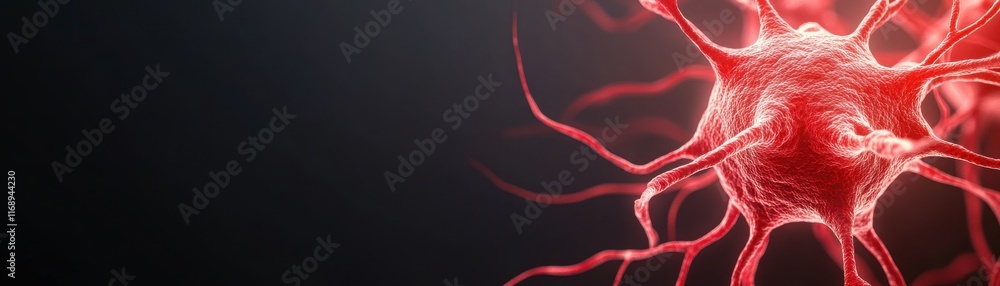 Poster a close-up view of a vibrant red neuron, showcasing its intricate structure against a dark backgroun