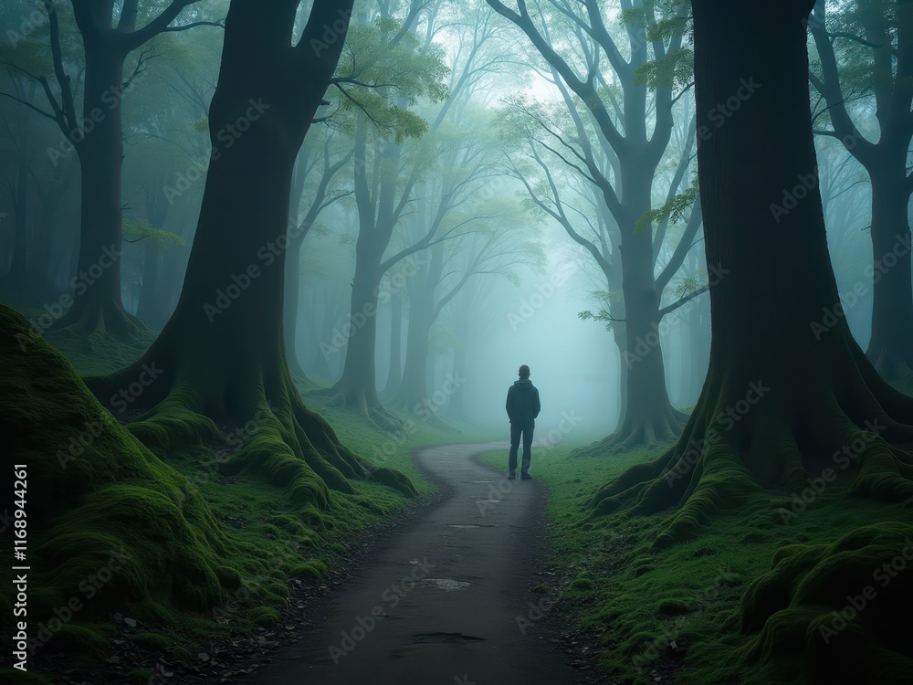 Aufkleber mysterious figure walking along a foggy path in an ancient forest surrounded by towering trees