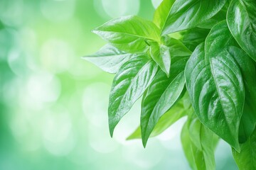 Lush green leaves glistening with dew in soft light