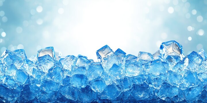 Glimmering ice cubes with a soft blue background