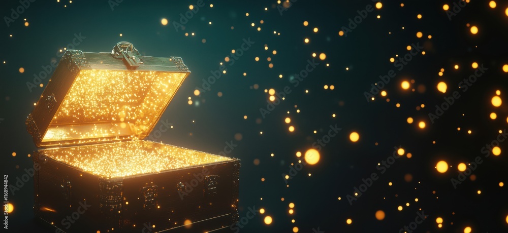 Poster treasure chest overflowing with sparkling golden particles, illuminated against a dark background, c