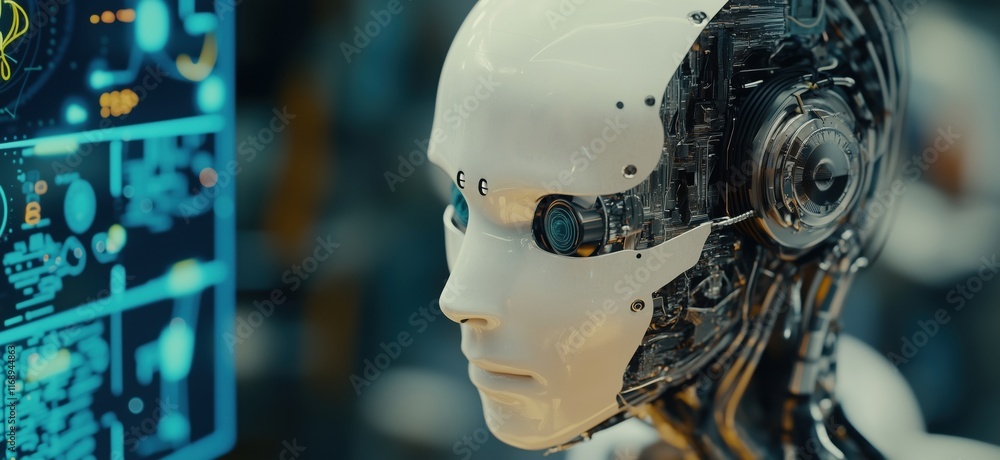 Poster futuristic humanoid robot with intricate circuitry and glowing blue eyes, showcasing advanced techno