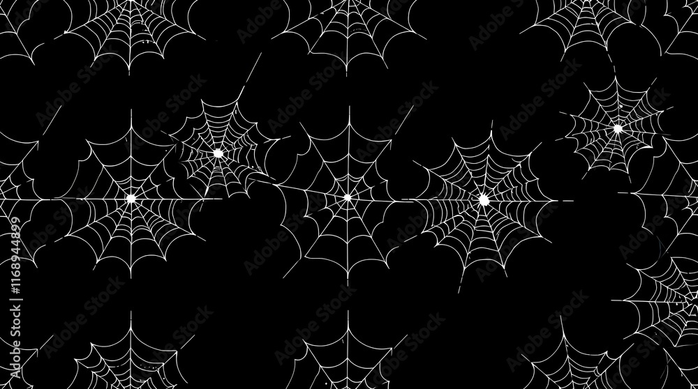Aufkleber spooky spiderweb pattern: a seamless, repeating pattern featuring intricate white spiderwebs on a bl