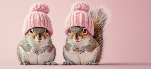 Obraz premium Adorable squirrels wearing pink knitted hats posing cutely against a soft pink background, showcasing their playful nature and charm, copy space for text