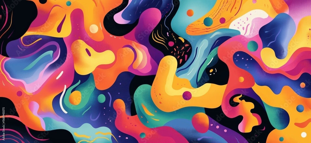 Poster vibrant abstract colorful swirls and shapes in dynamic composition, energetic flow of colors and pat