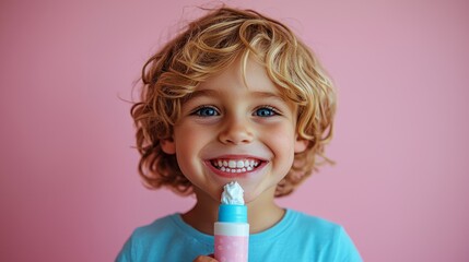 Happy toddler boy with blond curly hair smiles broadly, holding a pastel-colored tube.