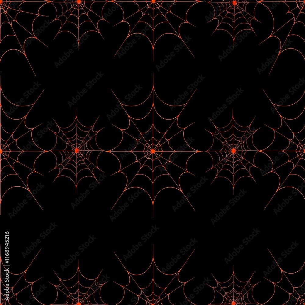 Poster web of intrigue: a seamless pattern of intricate spiderwebs in orange on a black background evokes a