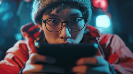 Focused teenager gaming on a smartphone in a vibrant setting