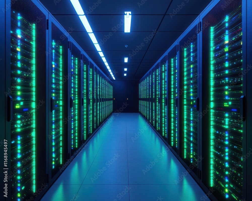 Aufkleber a modern data center showcasing rows of sleek servers illuminated by vibrant blue and green lights, 
