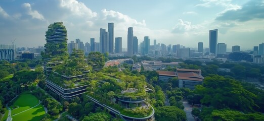 Obraz premium Sustainable Urban Architecture with Lush Greenery and Skyscrapers in Modern Cityscape, copy space for text