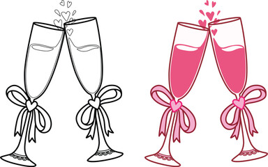 Two champagne glasses decorated with pink ribbons and small heart clinking together, symbolizing celebration or a toast.Tiny pink hearts rise from the clinking glasses. Vector illustration.
