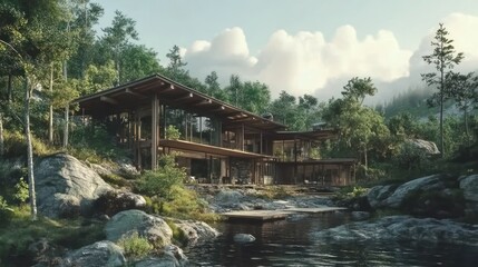 Modern wooden house surrounded by lush nature and water.