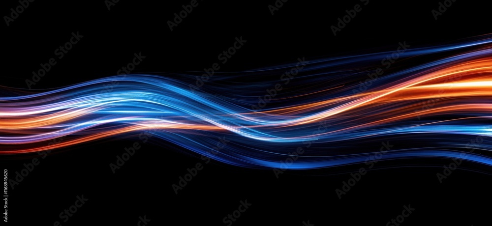 Poster dynamic flowing light waves in blue and orange colors creating a vibrant abstract background, copy s