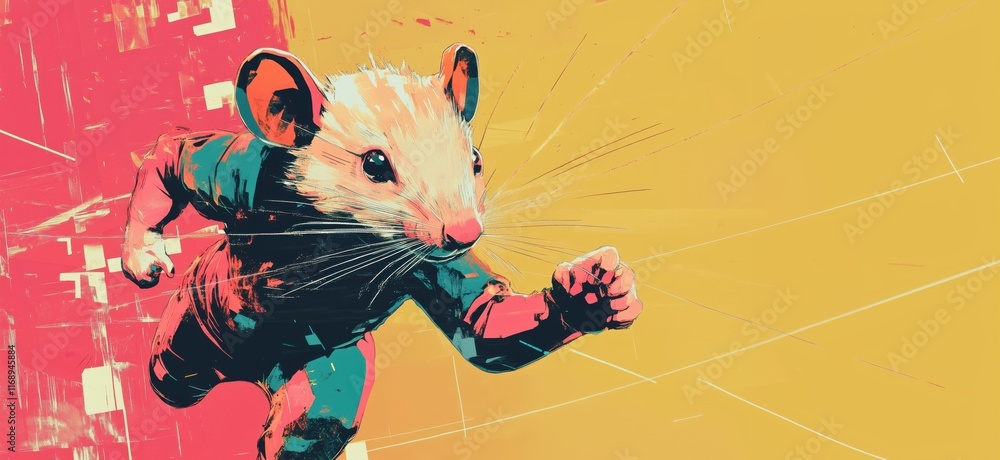 Poster dynamic mouse character in vibrant colors, showcasing action and energy, with a stylized design and 