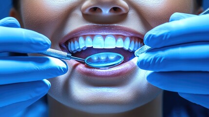 Close-up of dental examination with bright smile and tools