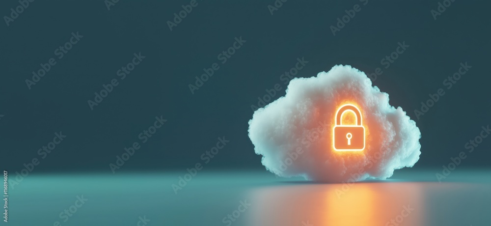 Poster cloud security concept with glowing padlock symbolizing data protection and privacy in digital envir