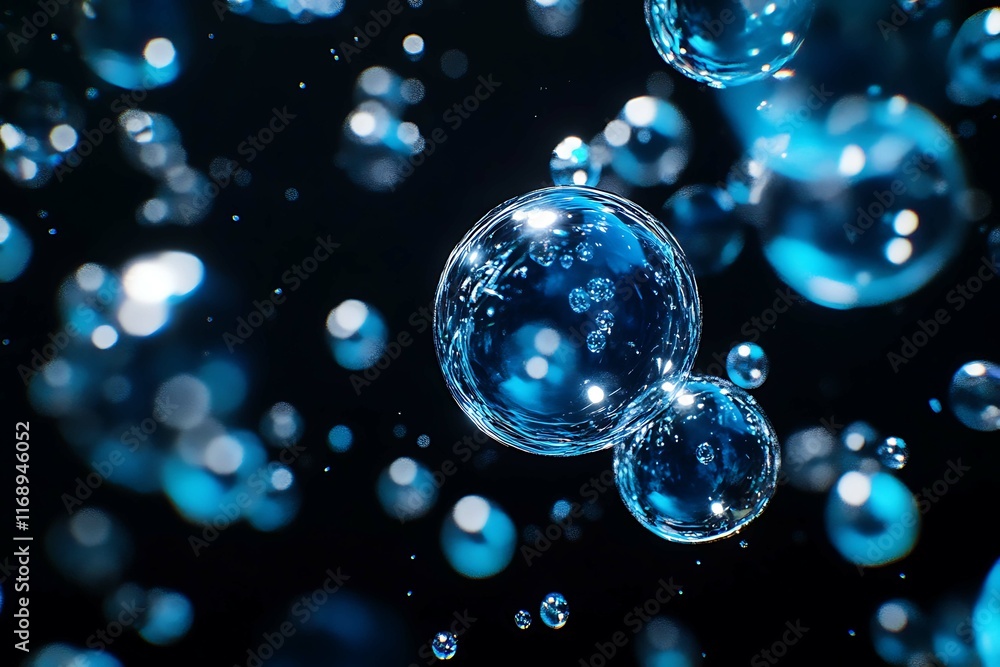 Poster abstract blue bubbles floating on black background.