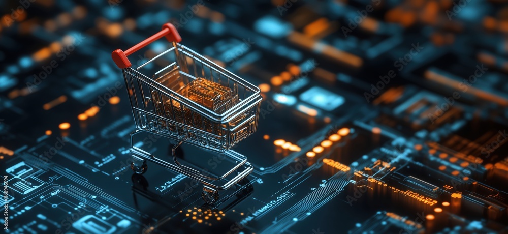 Poster digital shopping cart on circuit board background representing e-commerce and technology integration