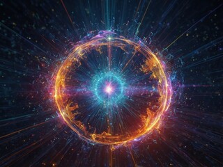Obraz premium Vibrant visualization of energy in a cosmic sphere surrounded by dynamic, colorful light patterns representing celestial movement and activity