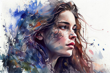 woman in watercolor portrait. Her face is turned in profile, expressing thoughtfulness and purposefulness.  