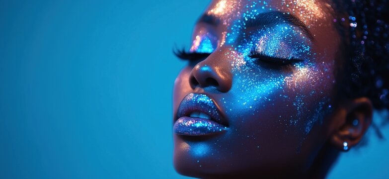 Glittering beauty portrait showcasing vibrant blue and silver face makeup, highlighting stunning features and artistic expression, copy space for text