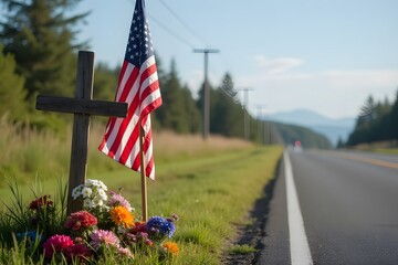 A roadside memorial with an American flag standing near a cross and flowers.