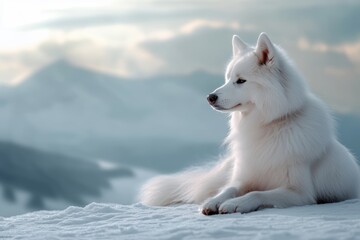 Majestic White Dog Overlooking Snowy Mountain Range