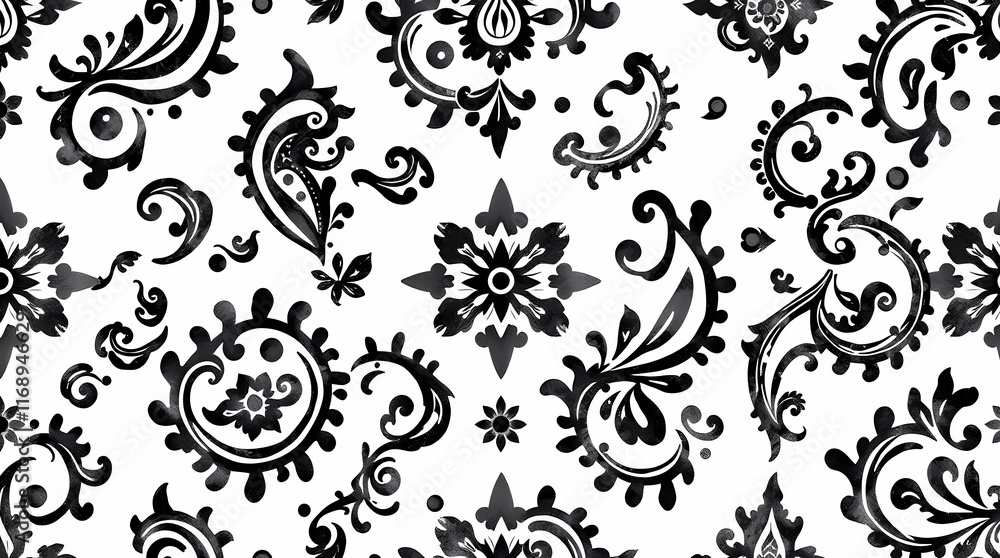 Poster black and white damask pattern: elegant swirls and floral motifs create a sophisticated damask patte