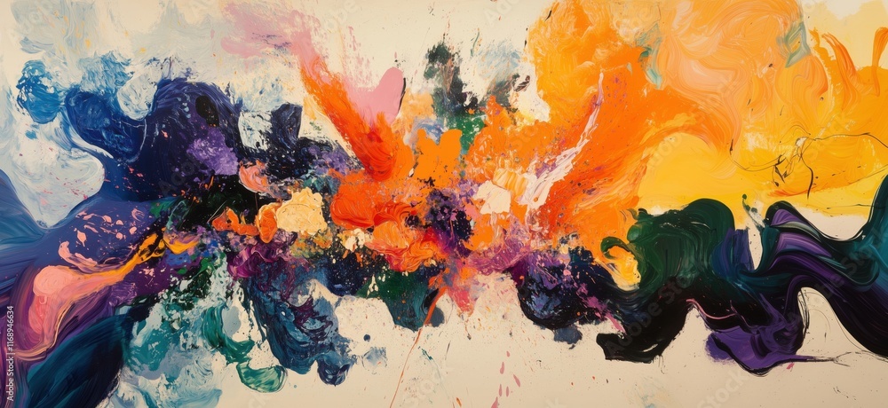 Poster vibrant abstract explosion of colorful swirls and splashes in dynamic composition, copy space for te