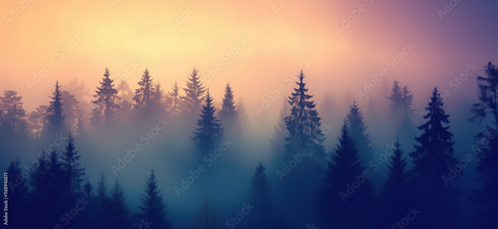 Poster misty forest landscape at dawn with silhouetted pine trees and soft color gradient, copy space for t