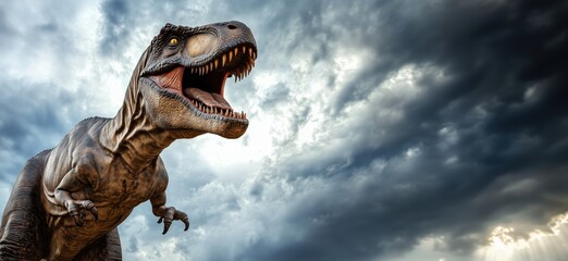 Fototapeta premium Tyrannosaurus Rex roaring against dramatic stormy sky, showcasing powerful presence and prehistoric majesty, copy space for text