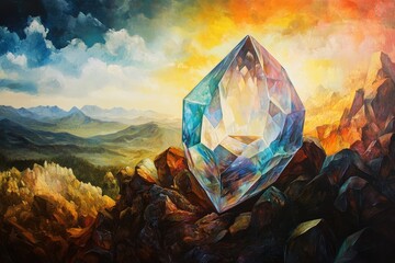 Obraz premium Crystal Gemstone Resting Atop Majestic Mountainscape