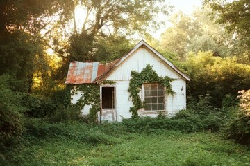 Fototapeta premium An abandoned izba with weathered wood and overgrown ivy, set in a quiet forest clearing